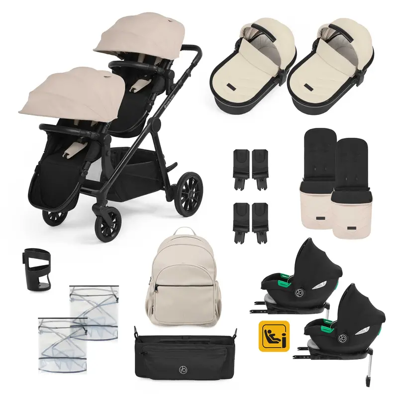 Ickle Bubba Virgo Twin 18 Piece Travel System With I-Size Cirrus Car Seats & Isofix Bases In Black/Stone/Black 1