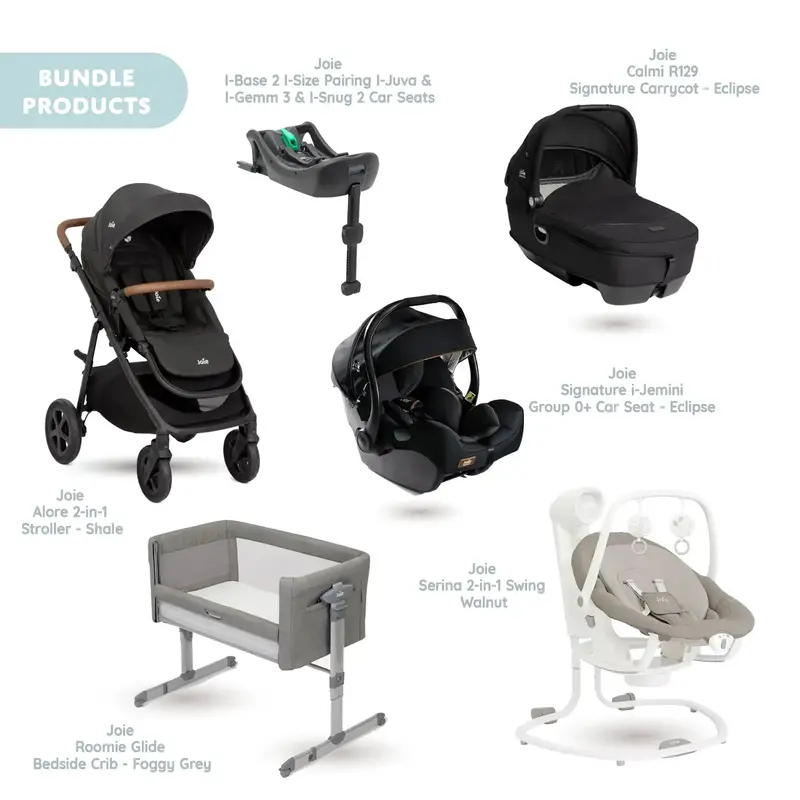 Joie Alore Pushchair With I-Jemini Car Seat & Base & Serina Swing & Calmi Carrycot & Roomie Glide Bedside Crib Bundle - Shale 1