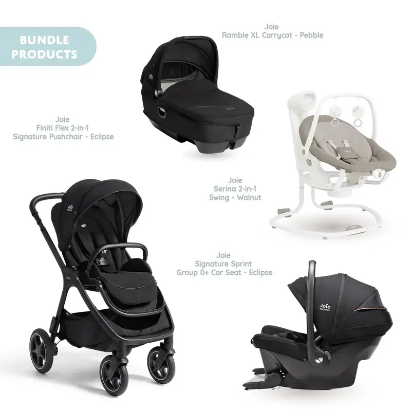 Joie Finiti Signature Pushchair With Sprint Car Seat & Calmi Carrycot & Sansa Rocker - Eclipse 1
