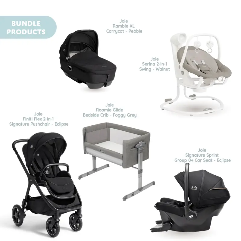 Joie Finiti Signature Pushchair With Sprint Car Seat & Calmi Carrycot & Sansa Rocker & Roomie Glide Crib - Eclipse 1