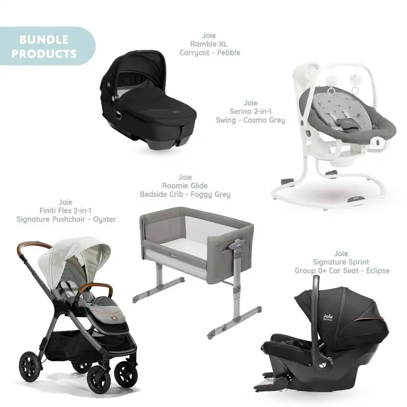 Joie Finiti Signature Pushchair With Sprint Car Seat & Calmi Carrycot & Sansa Rocker & Roomie Glide Crib - Oyster 1