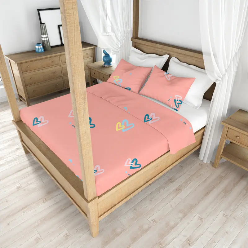 Juego De Sábanas Individual, Color Rosa, Diseño Corazones 1
