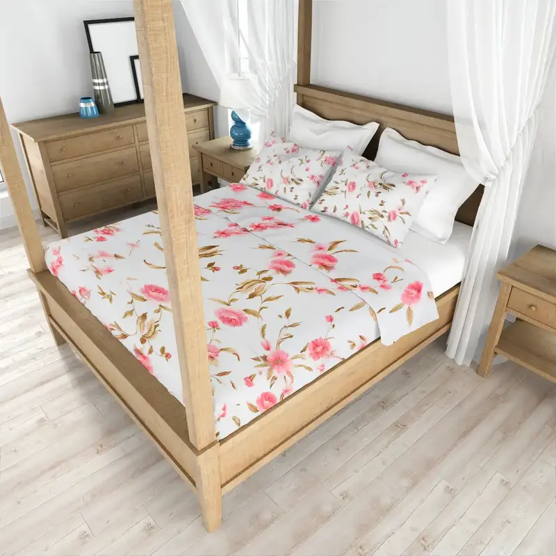 Juego De Sábanas Matrimoniales, Diseño Flores, Color Rosa 1