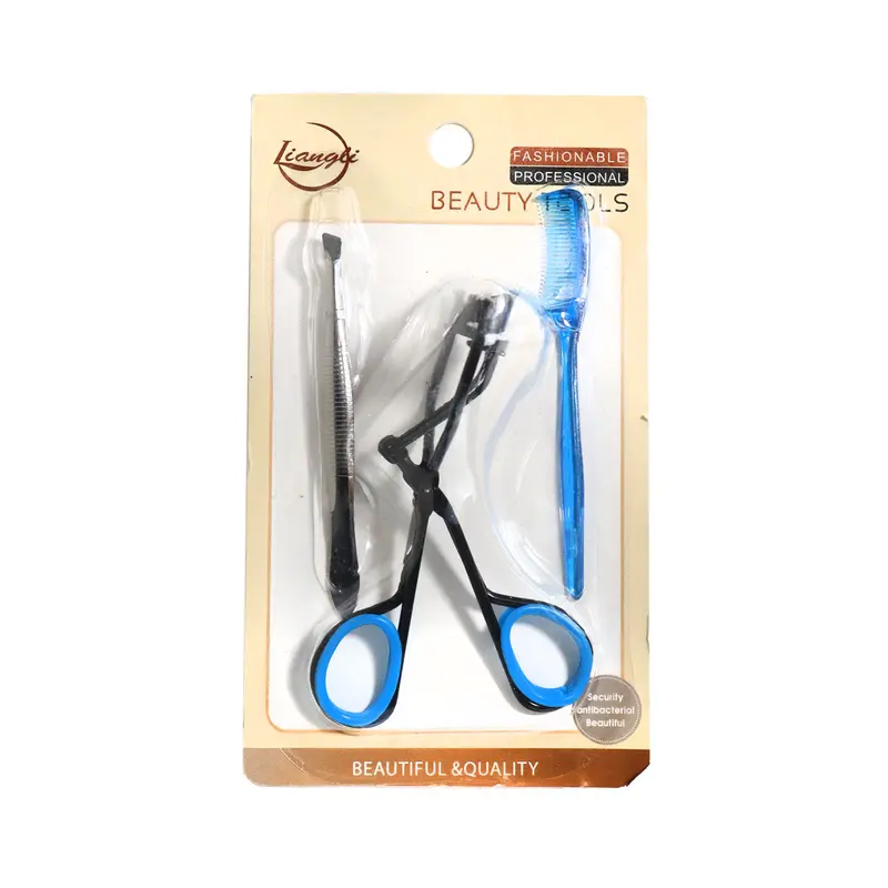 Kit 3 En 1: Enchinador De Pestañas Azul + Pinza De Depilar + Cepillo Azul 1