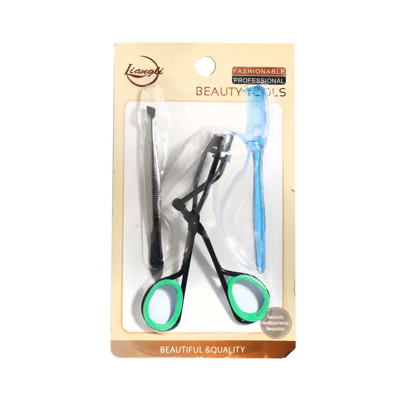 Kit 3 En 1: Enchinador De Pestañas Verde + Pinza De Depilar + Cepillo Azul 1