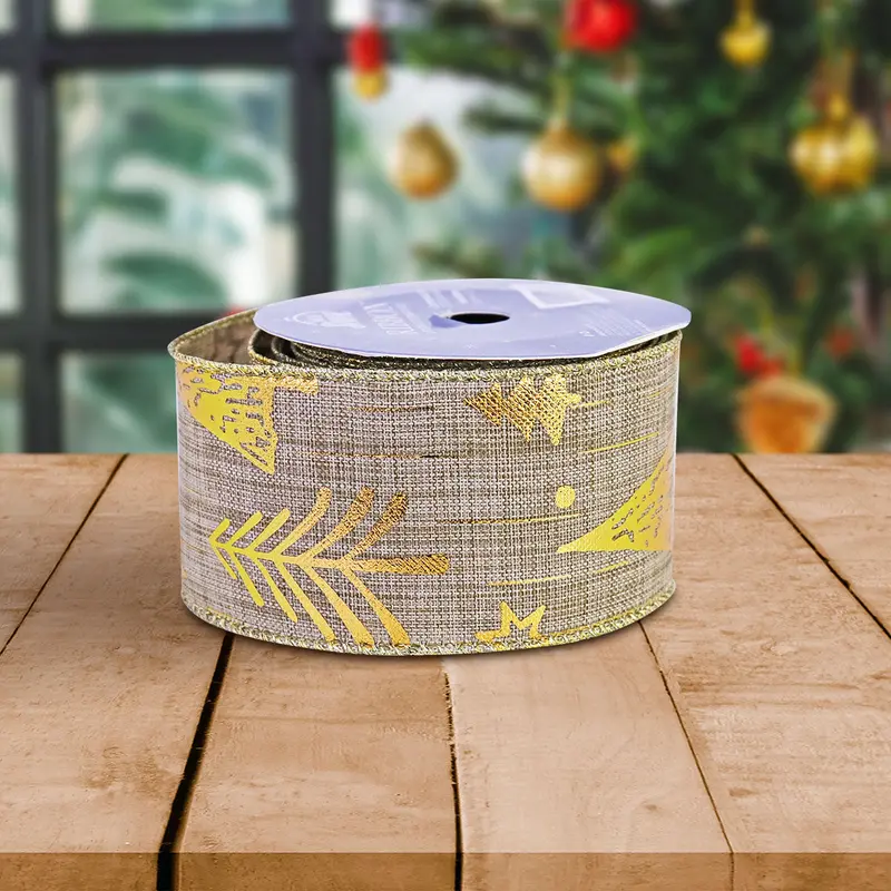 Listón Decorativo De Yute Color Blanco Con Diseño Navideño Color Oro 1