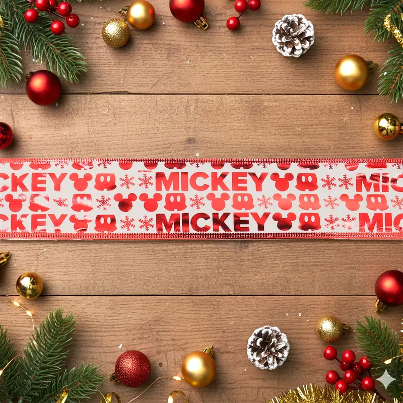 Listón Navideño, Diseño Mickey, Color Rojo Y Blanco 2