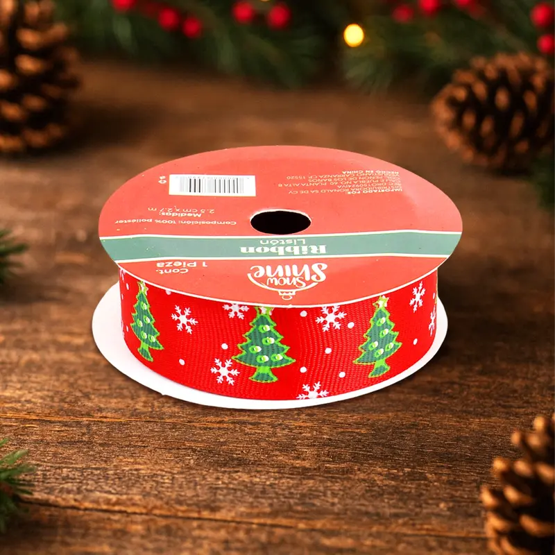 Listón Navideño, Pinos, Color Rojo 1