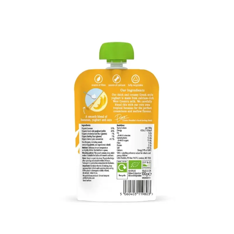 Little Freddie Organic Banana Greek Style Yoghurt Baby Food Pouch 6+ Months 100G 2