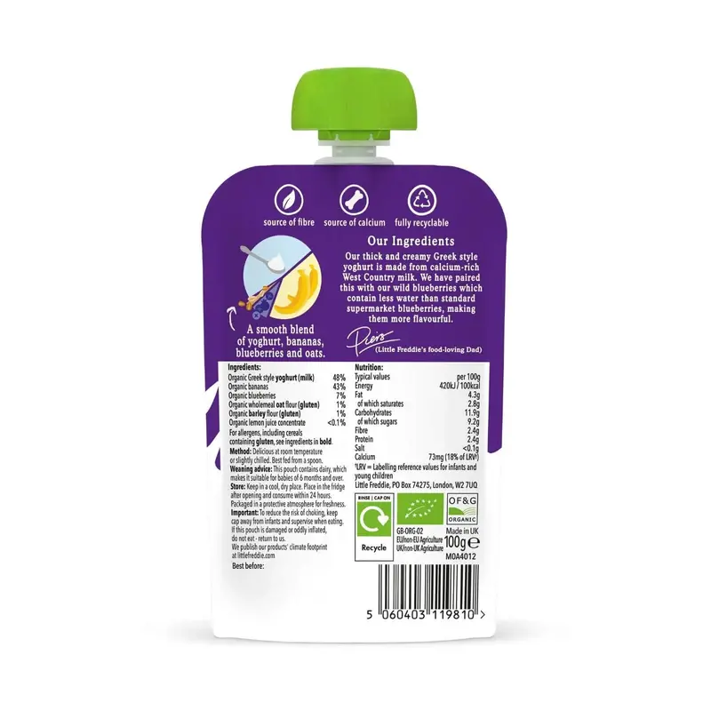 Little Freddie Organic Blueberry & Banana Greek Style Yoghurt Baby Food Pouch 6+ Months 100G 2