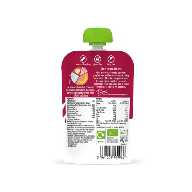 Little Freddie Organic Dairy Free Banana & Raspberry Yoghurt Baby Food Pouch 6+ Months 90G 2