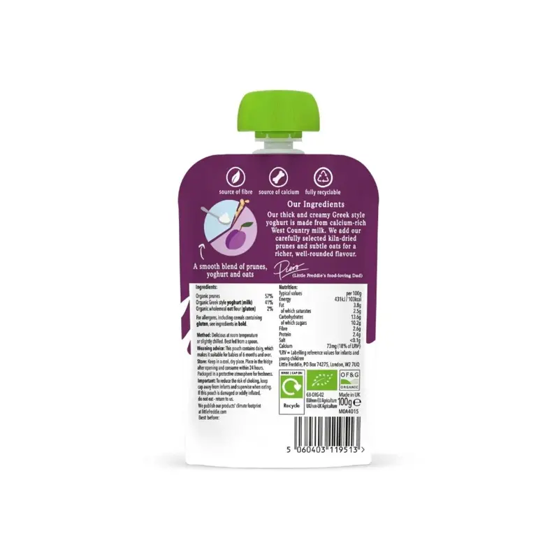 Little Freddie Organic Prune Greek Style Yoghurt With Oats Baby Food Pouch 6+ Months 100G 2