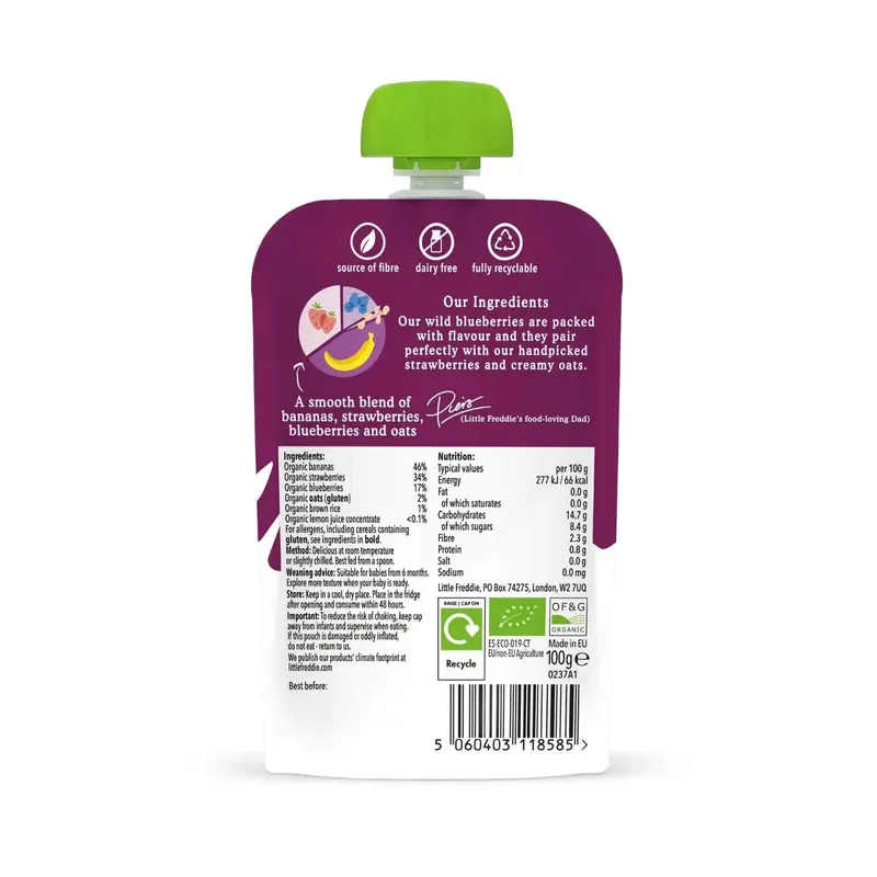 Little Freddie Organic Strawberries Blueberries & Oats Baby Food Pouch 6+ Months 100G 2