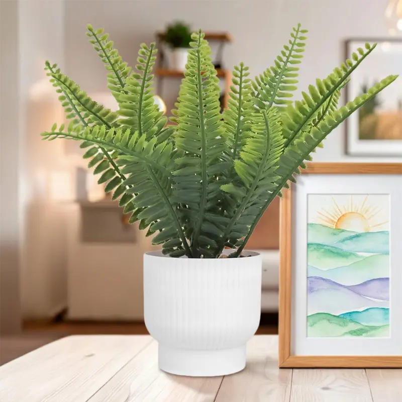 Maceta Blanca Con Helecho, Planta Artificial 1