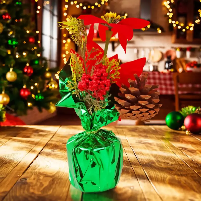 Maceta Brillante Color Verde Con Nochebuena Artificial, 25 Cm 1