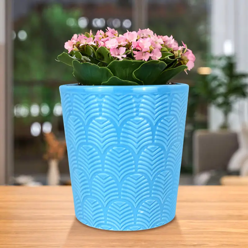 Maceta Con Diseño Textura, Cerámica, Color Azul 1
