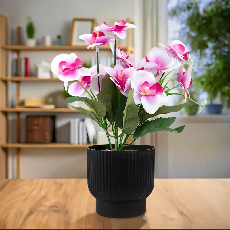 Maceta Con Flor Artificial, Color Rosa Con Blanco, 25 Cm 1