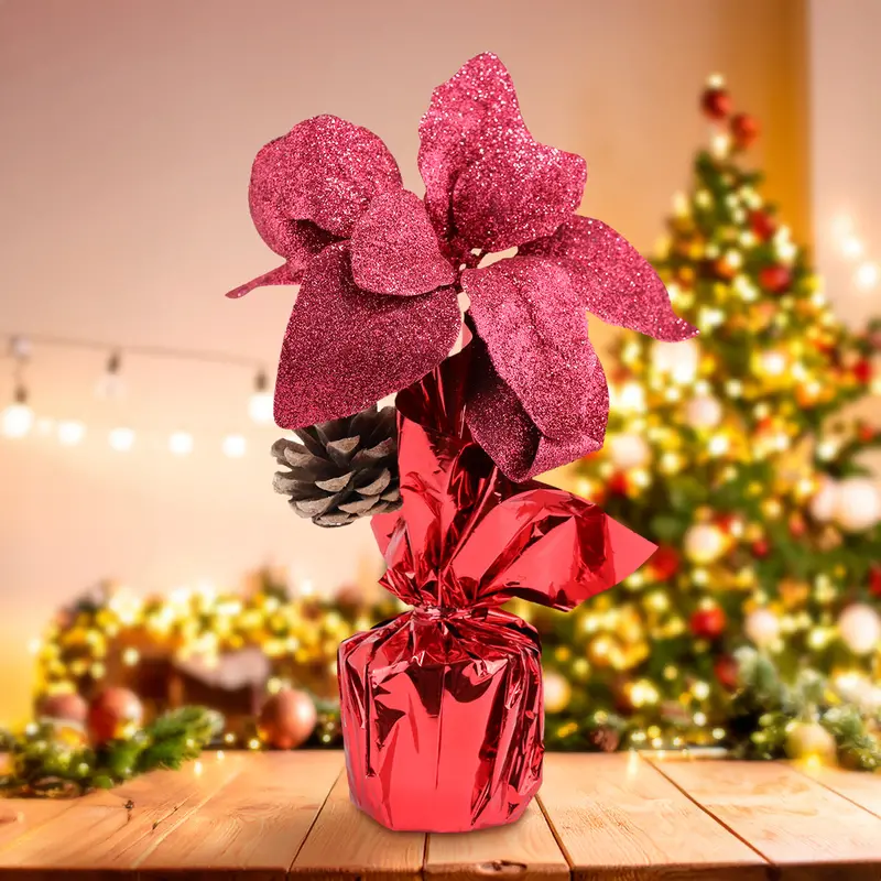 Maceta Con Nochebuena Artificial, Glitter, Color Vino, 25 Cm 1