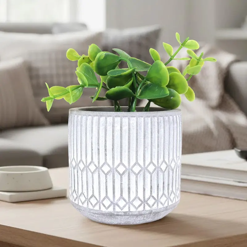 Maceta Con Planta Artificial, Diseño Azulejo, Color Gris 1