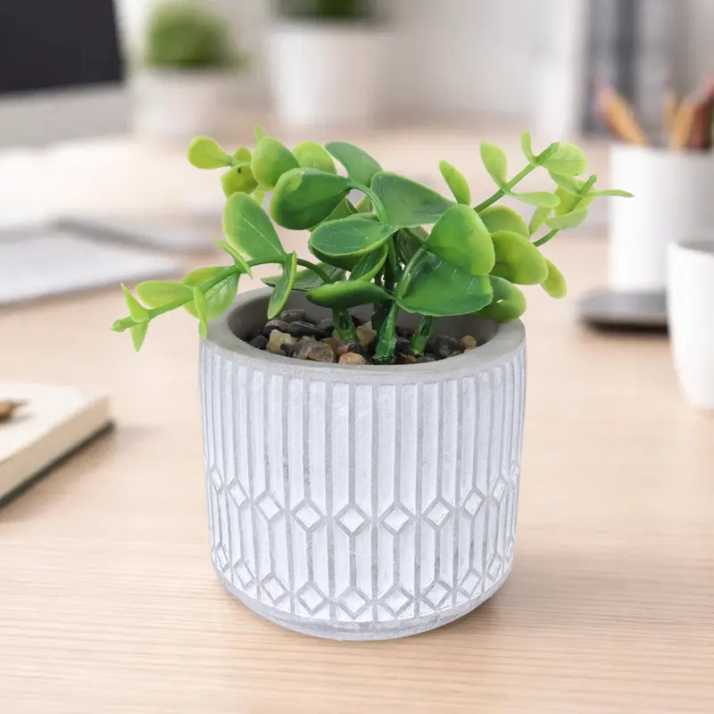 Maceta Con Planta Artificial, Diseño Azulejo, Color Gris 2