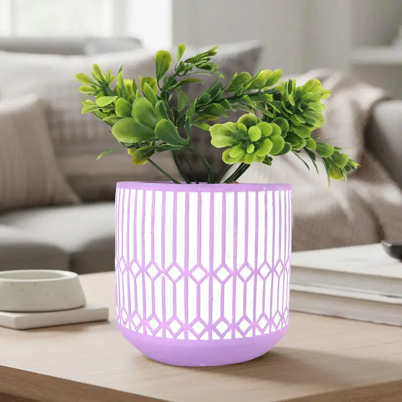 Maceta Con Planta Artificial, Diseño Azulejo, Color Lila 1