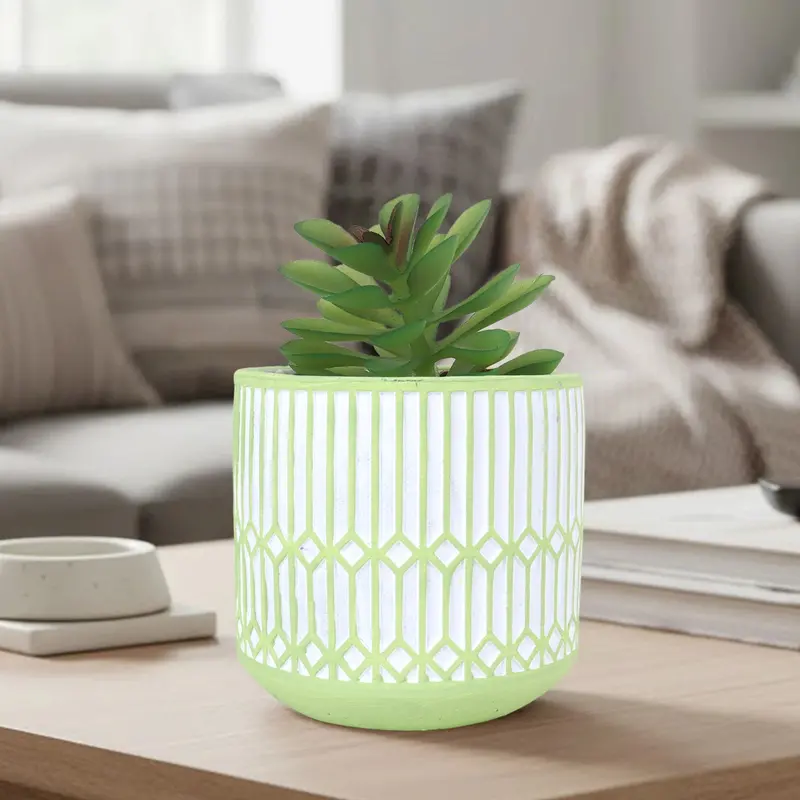 Maceta Con Planta Artificial, Diseño Azulejo, Color Verde 1