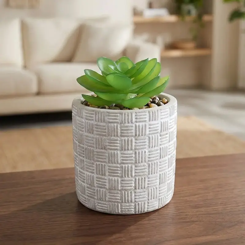 Maceta Con Planta Artificial, Diseño Cilindro, Color Gris 1