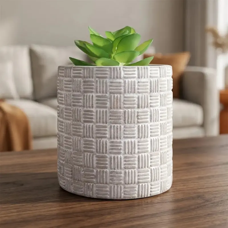 Maceta Con Planta Artificial, Diseño Cilindro, Color Gris 2