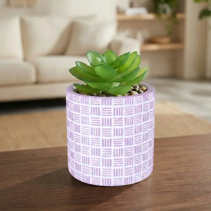 Maceta Con Planta Artificial, Diseño Cilindro, Color Morado 1