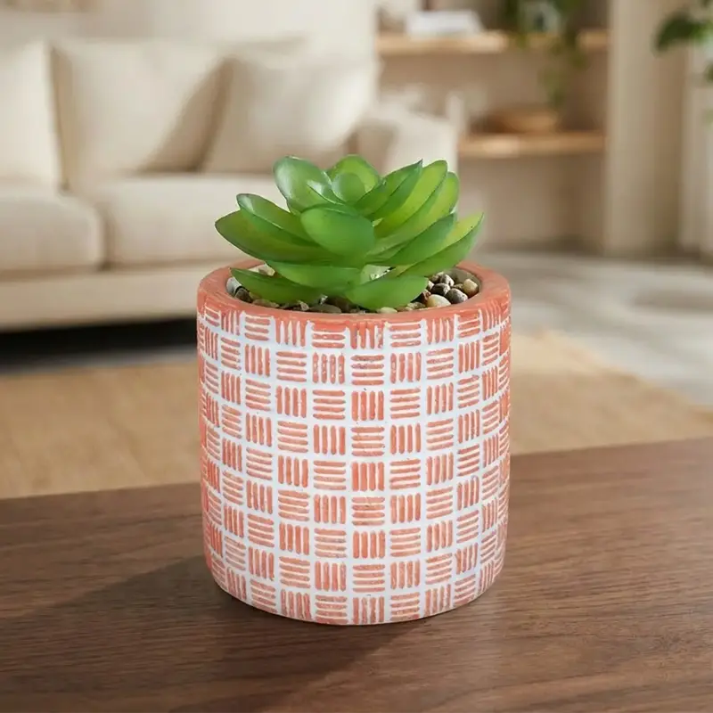 Maceta Con Planta Artificial, Diseño Cilindro, Color Naranja 1