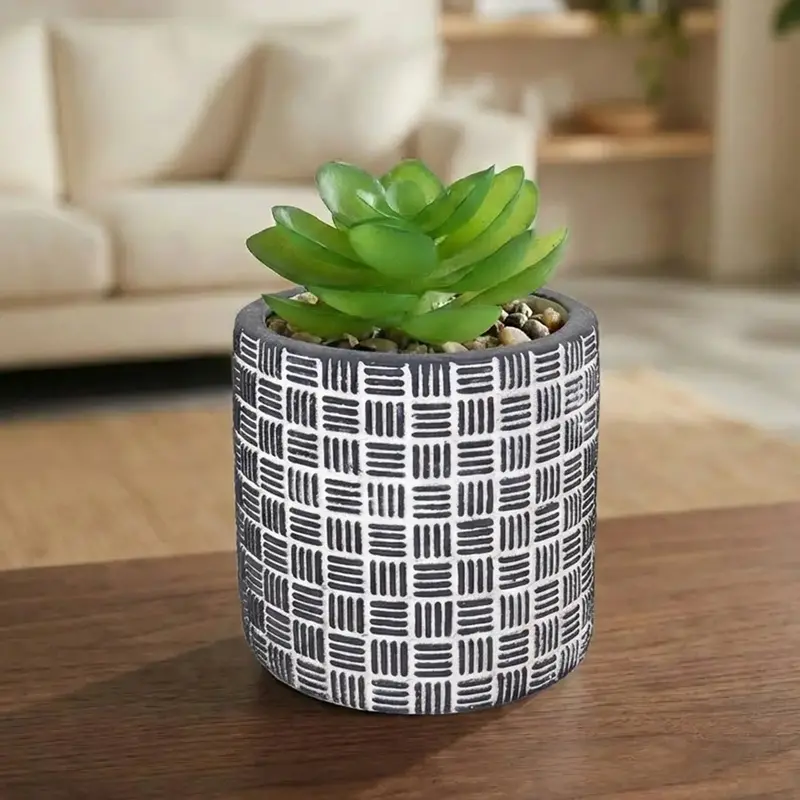 Maceta Con Planta Artificial, Diseño Cilindro, Color Negro 1