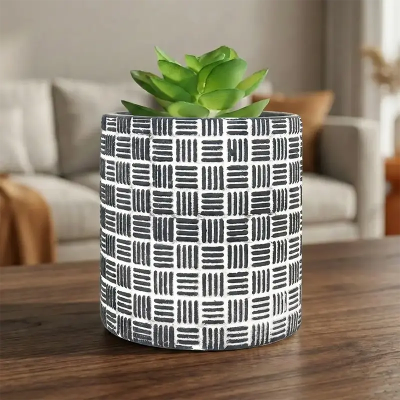 Maceta Con Planta Artificial, Diseño Cilindro, Color Negro 2