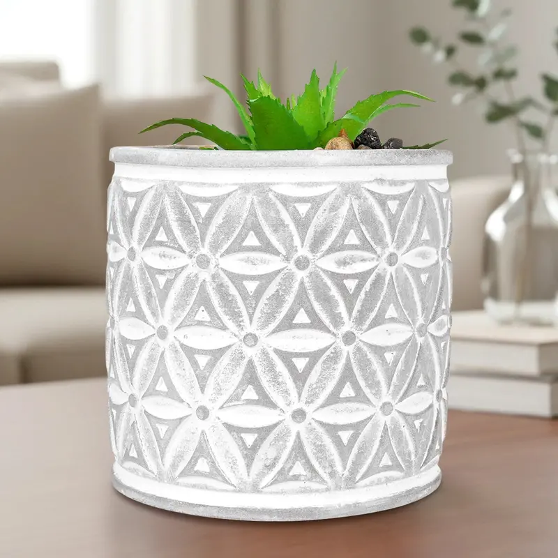 Maceta Con Planta Artificial, Diseño Cilindro Con Patrón, Color Gris 1