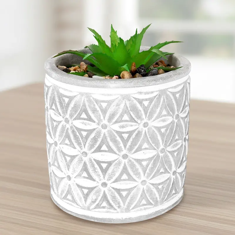 Maceta Con Planta Artificial, Diseño Cilindro Con Patrón, Color Gris 2