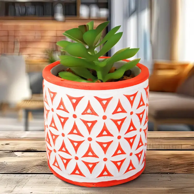 Maceta Con Planta Artificial, Diseño Color Naranja 1