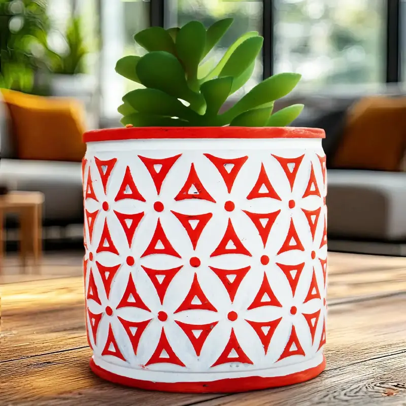 Maceta Con Planta Artificial, Diseño Color Naranja 2