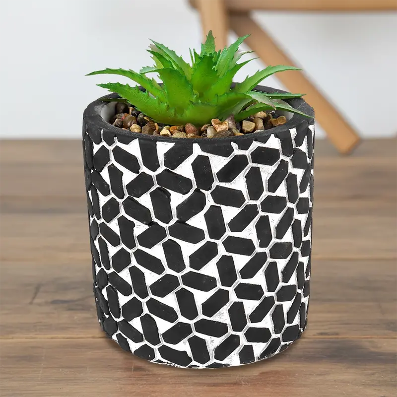 Maceta Con Planta Artificial, Diseño Con Patrón Figuras 2