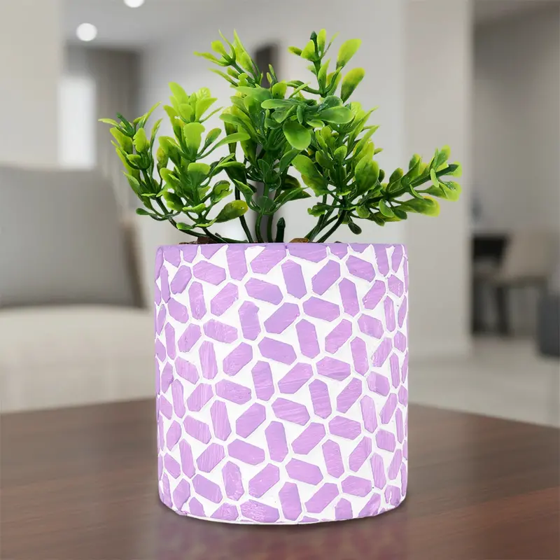 Maceta Con Planta Artificial, Diseño Con Patrón Figuras, Color Lila 1