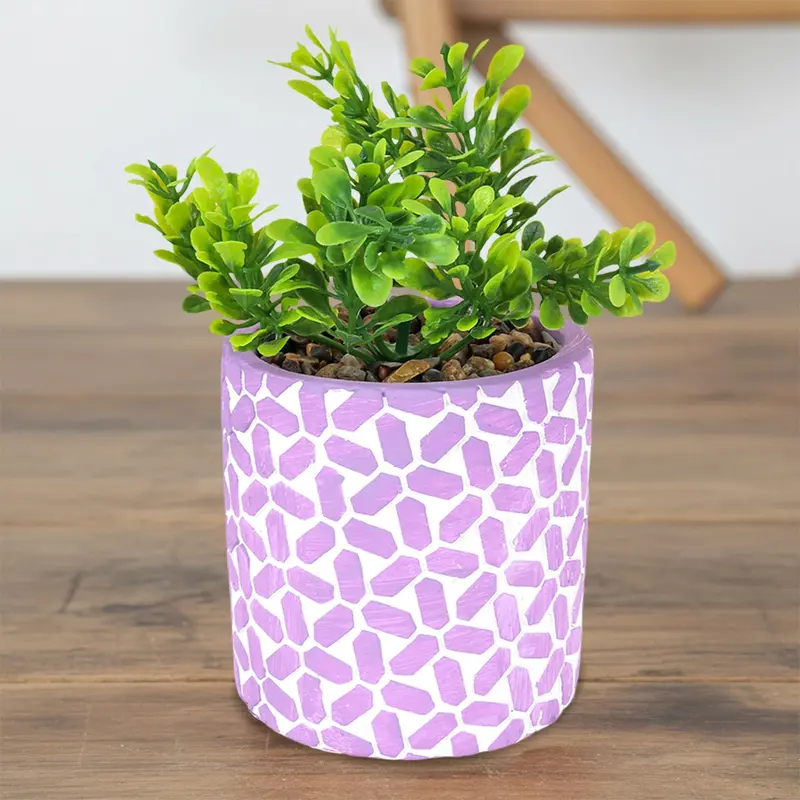 Maceta Con Planta Artificial, Diseño Con Patrón Figuras, Color Lila 2