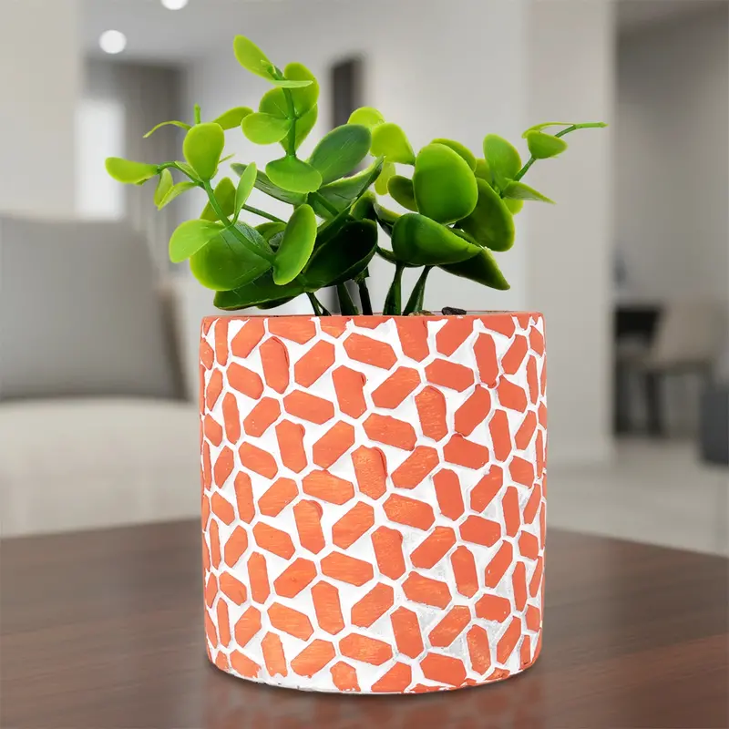 Maceta Con Planta Artificial, Diseño Con Patrón Figuras, Color Naranja 1