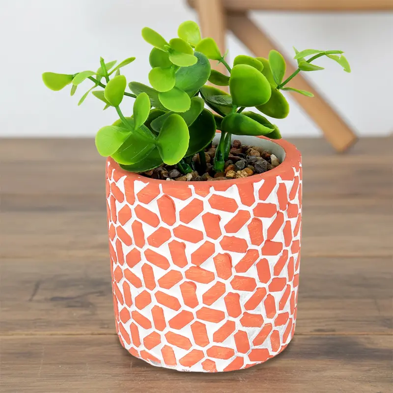 Maceta Con Planta Artificial, Diseño Con Patrón Figuras, Color Naranja 2