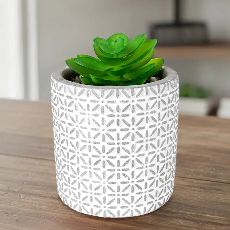 Maceta Con Planta Artificial, Diseño Con Patrón Flores, Color Gris 2