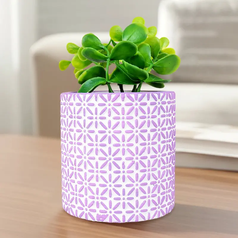 Maceta Con Planta Artificial, Diseño Con Patrón Flores, Color Lila 1