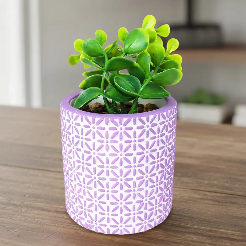 Maceta Con Planta Artificial, Diseño Con Patrón Flores, Color Lila 2
