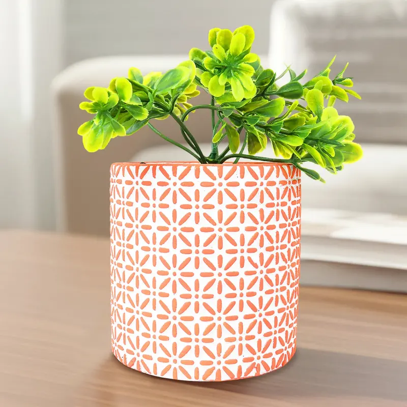 Maceta Con Planta Artificial, Diseño Con Patrón Flores, Color Naranja 1