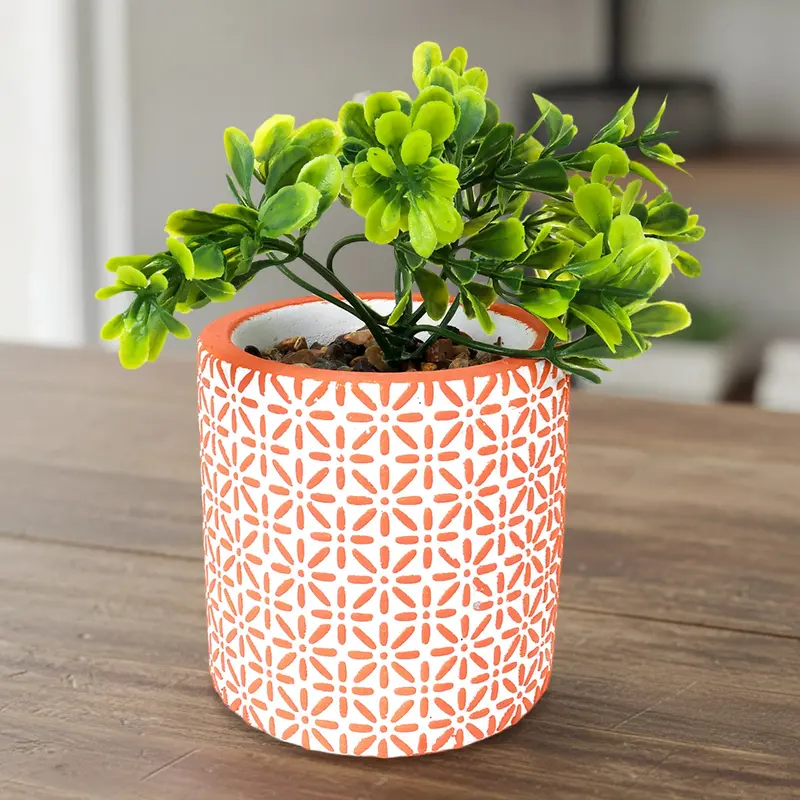 Maceta Con Planta Artificial, Diseño Con Patrón Flores, Color Naranja 2