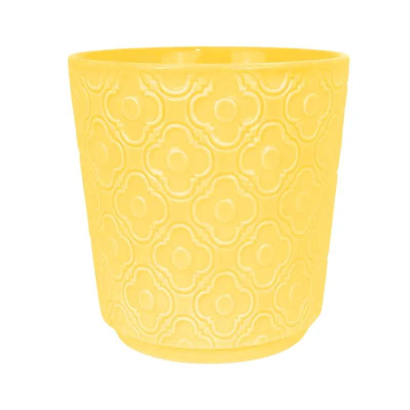 Maceta Con Textura Flor, Cerámica, Color Amarillo 2