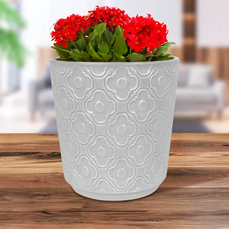 Maceta Con Textura Flor, Cerámica, Color Gris 1