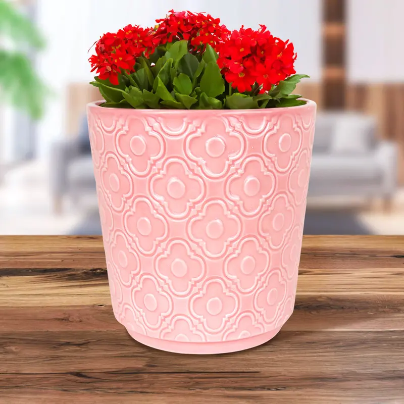Maceta Con Textura Flor, Cerámica, Color Rosa 1