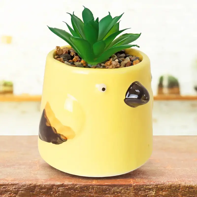 Maceta De Pájaro Con Mini Planta Artificial, Color Amarillo 2